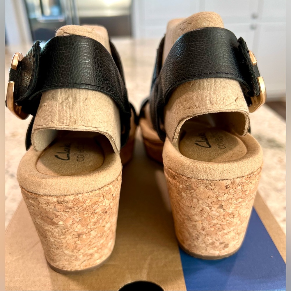 Clarks Collection Black Leather Cork Wedges "NEW" - Picture 6 of 16